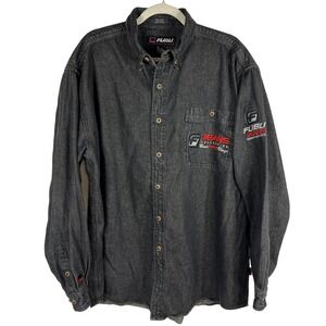 Vintage FUBU The Collection Black/Gray Denim Shirt XL Embroidered Logo 90s Y2K